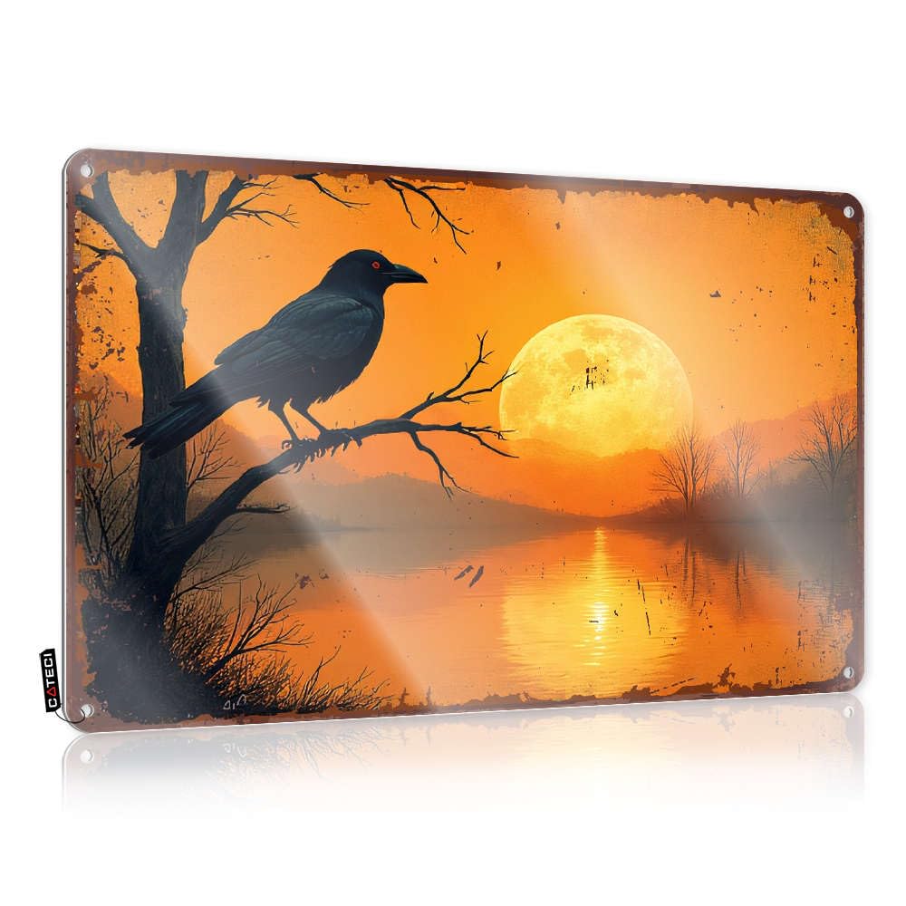 Clock Gift For Nurse Cool Wall Art - A Crow Perches On A Branch Under A Full Moon. Funny Metal Wall Art Ready To Hang For Mountain(20X30CM)