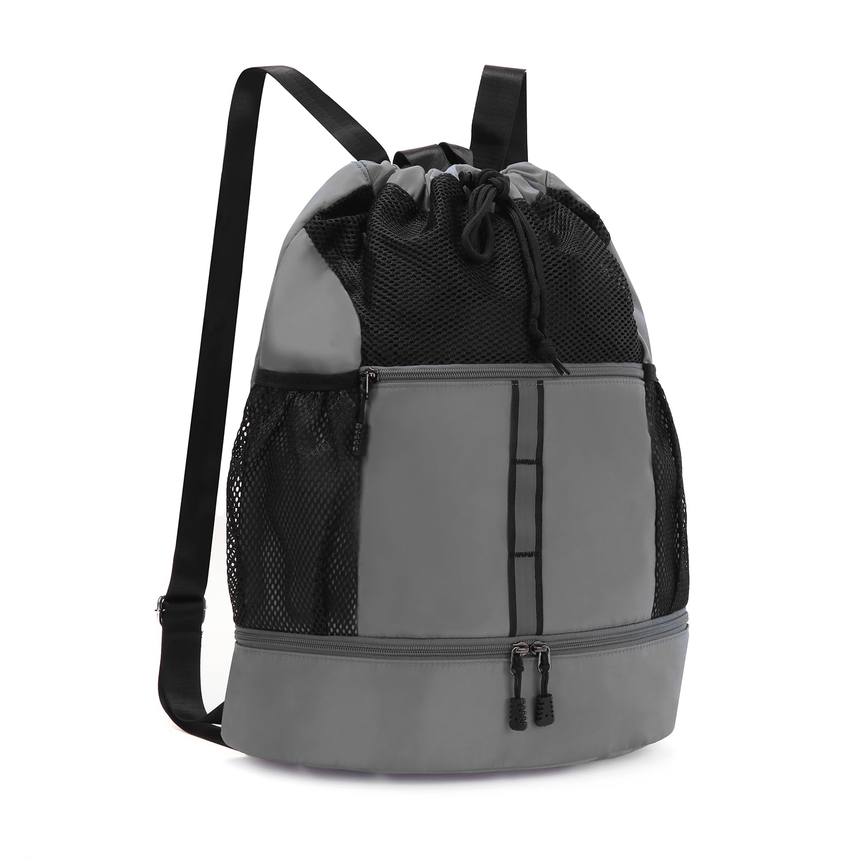 Valleycomfy Drawstring Gym Bag Sports Backpack With Shoe Compartment and Reflective Strips Grey