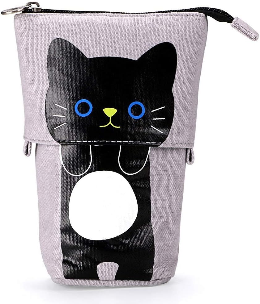 Telescopic Pencil Pouch Standing Pen Holder Cute Pencil Bags Stand Up Pen Case Cartoon Pencil/Pens Storage Box Canvas+PU Stationery Organizer Makeup Bag with Zipper Closure (Gray)