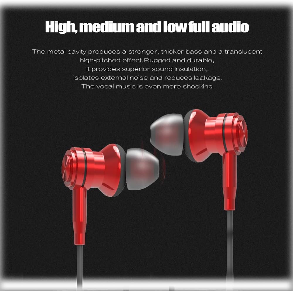 Earphones Headphones Earbuds, Moving Coil Diaphragm Element, Powerful Bass Driven Sound, High Definition Music, Dynamic Resonant Treble, Thick Bass, Ergonomic Design (Red)