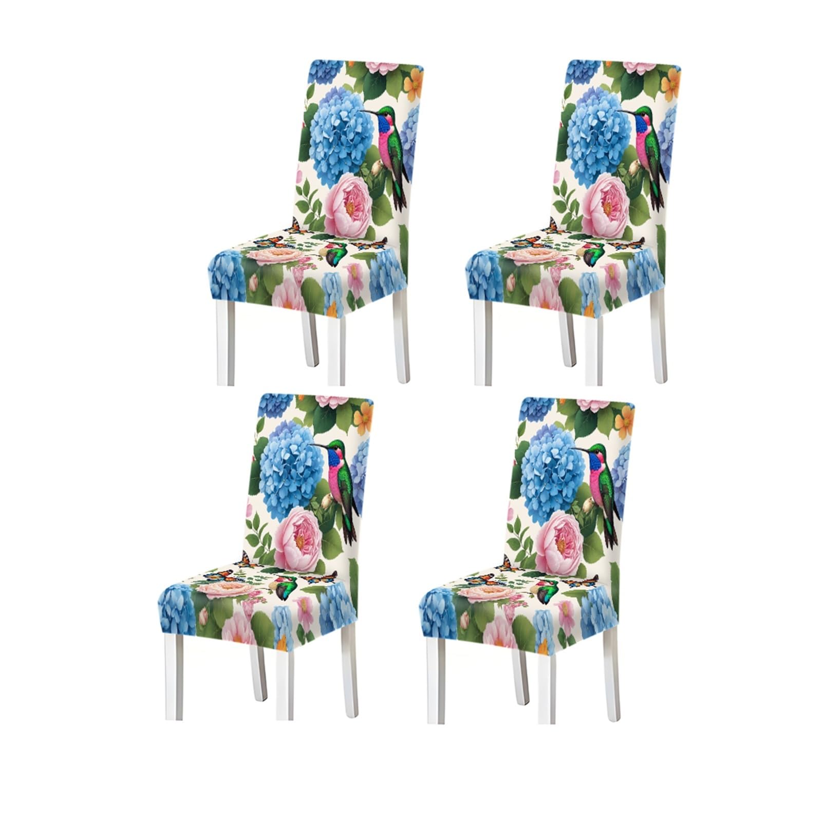 KXUAUV Blue Hydrangea Hummingbird Floral Pattern Print Dining Chair Covers Set Of 2/4/6, Stretch Slipcovers For Kitchen Dining Room Seat Protectors for Restaurant Hotel Party(4PCSChair cover)