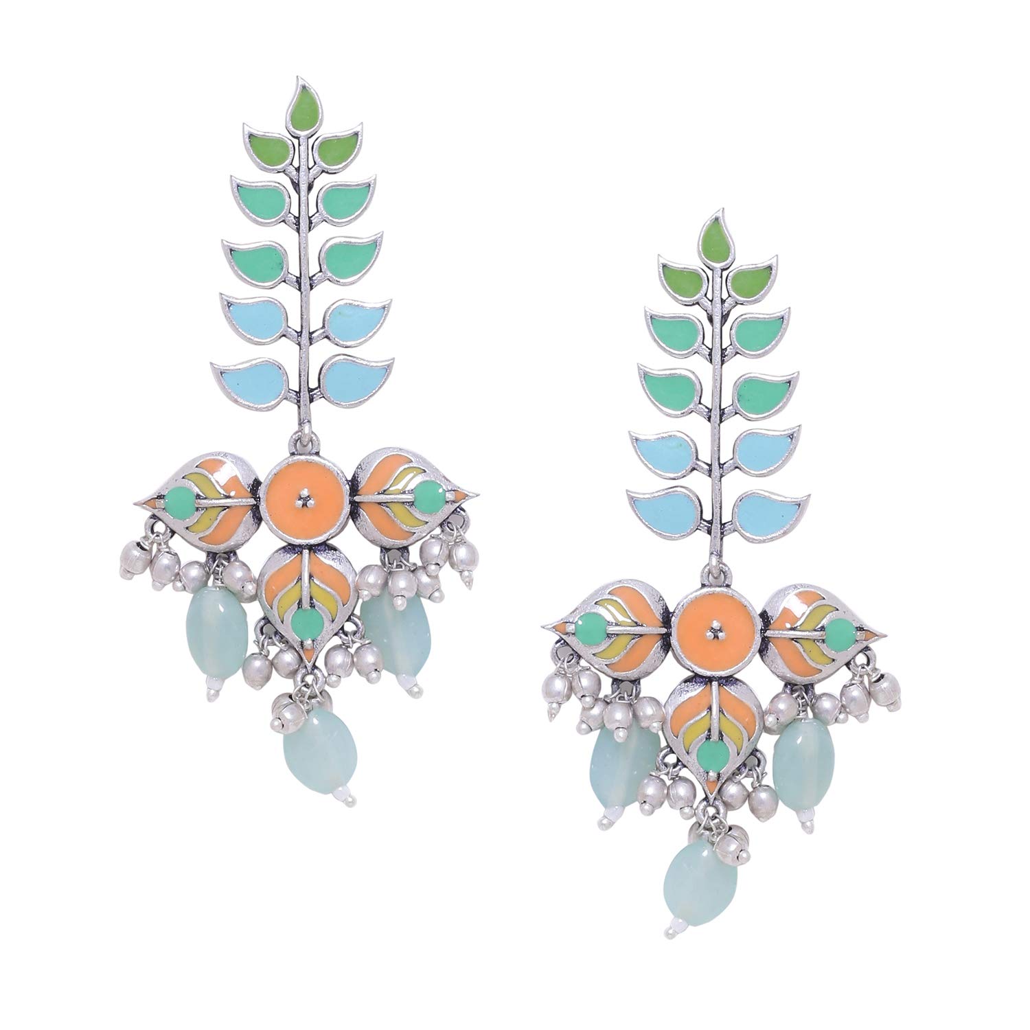 VOYLLATraditional Brass Silver Oxidised plated Pastel Colourful Enamelled Embellished Leaf Design Beaded Long Dangle & Drop Earrings for Women and Girls