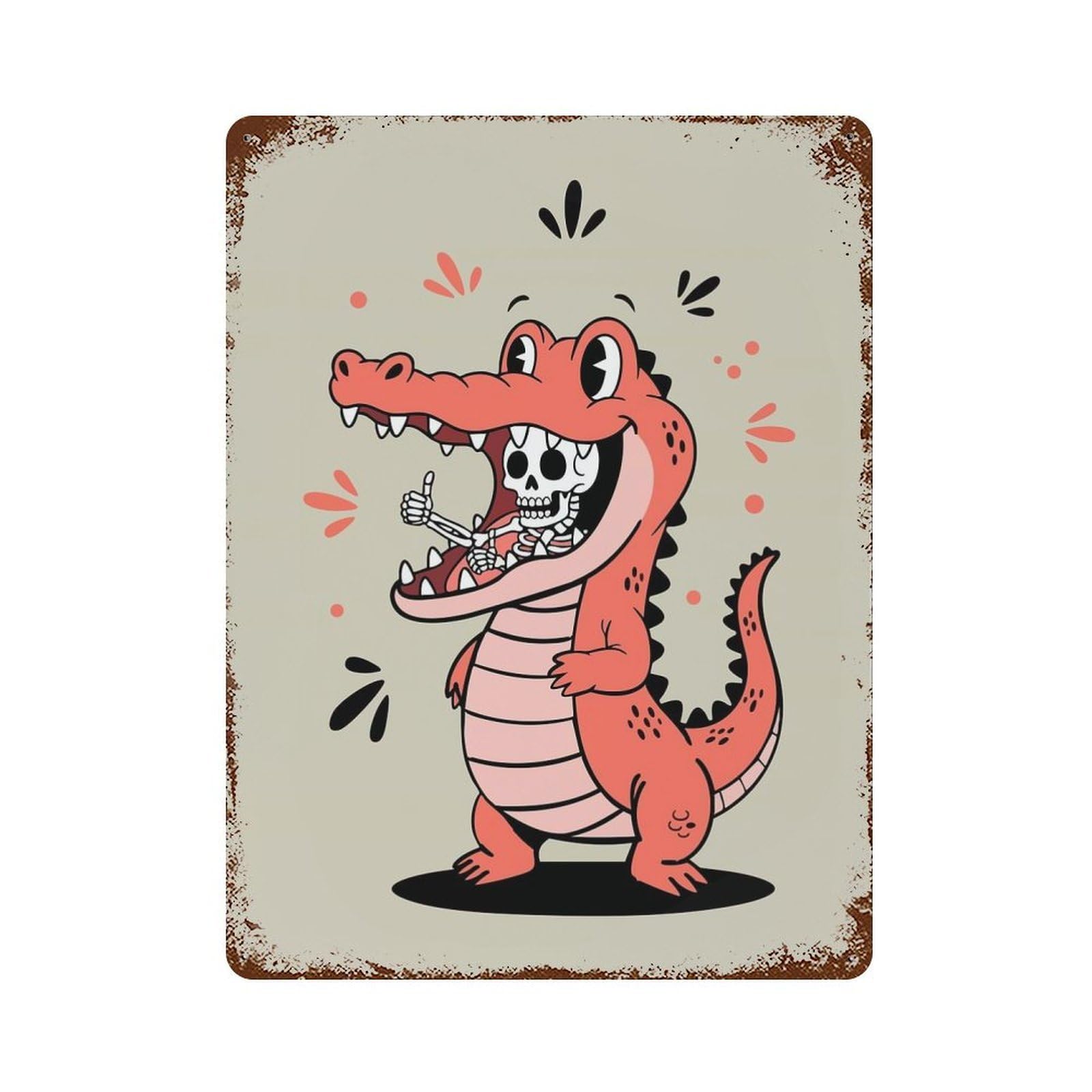 Cartoon Alligator Eating Skeleton Thumbs Up Vintage Metal Tin Sign 15.7"x11.8", Farmhouse Wall Decor for Patio, Garden Room And Bar Decor
