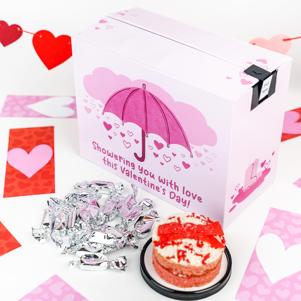 Umbrella Love Shower Bundle by Send A Cake - No Setup Required Explosion Gift Box with Music, Delicious 3" Mini Bundt Cake with 20 Sweet Silver-Wrapped Caramels for Delivery - Birthday Gift for Women, Girlfriend, Wife, Men, Adults, Kids