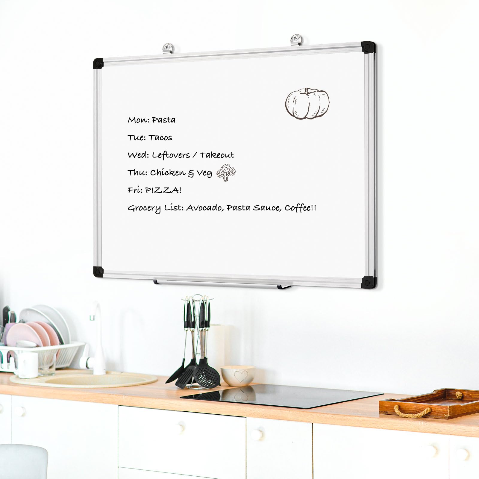 DOLLAR BOSS Tableau blanc magnétique mural double face 90x60 cm | Tableau d'affichage magnétique avec cadre en aluminium Pen Ray - Effaçable à sec - Pour cuisine, bureau et école