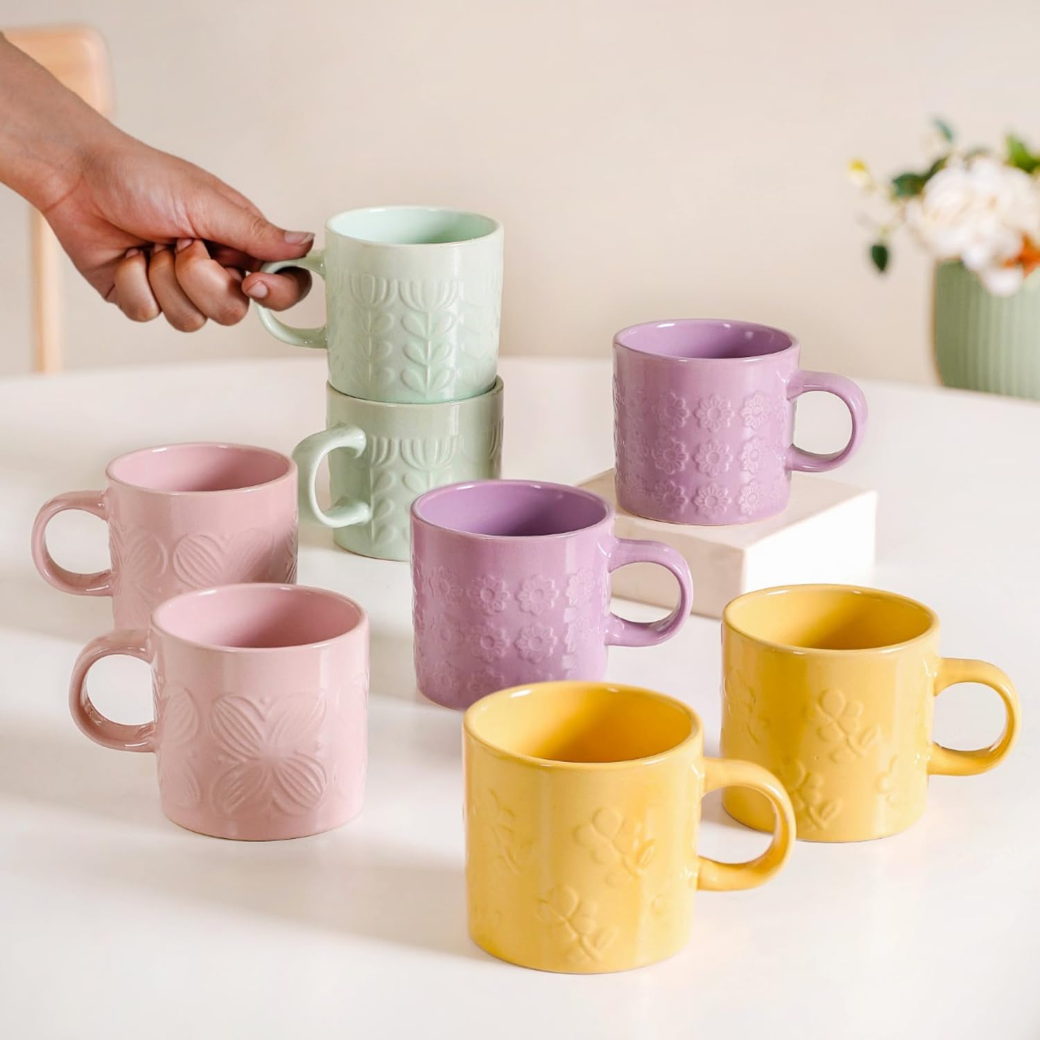 Nestasia Ceramic Tea Cup Set of 8(220 ml) | Microwave & Dishwasher