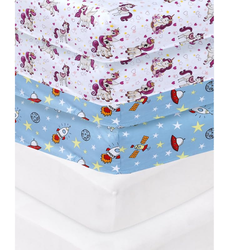 6 X Cot Bed Fitted Sheets, 70 x 140 cm Easy Care Fine Quality (White-Space Blue-Unicorn)