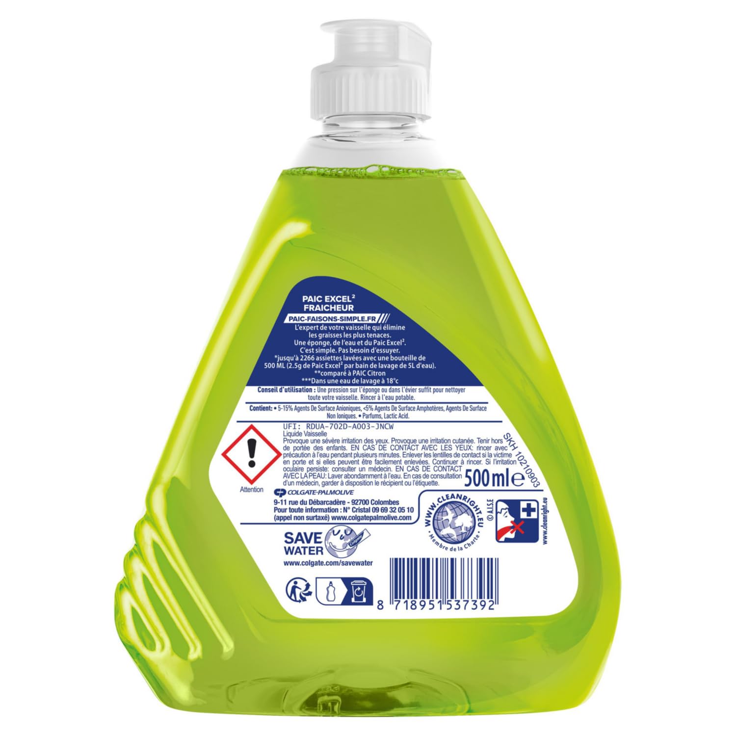 PAIC - Liquide Vaisselle main Paic - Paic Excel² Anti-Odeurs Parfum Intense - Formule Active à Froid - Ultra-Dégraissant - Anti Odeurs - 12 x 500 ml