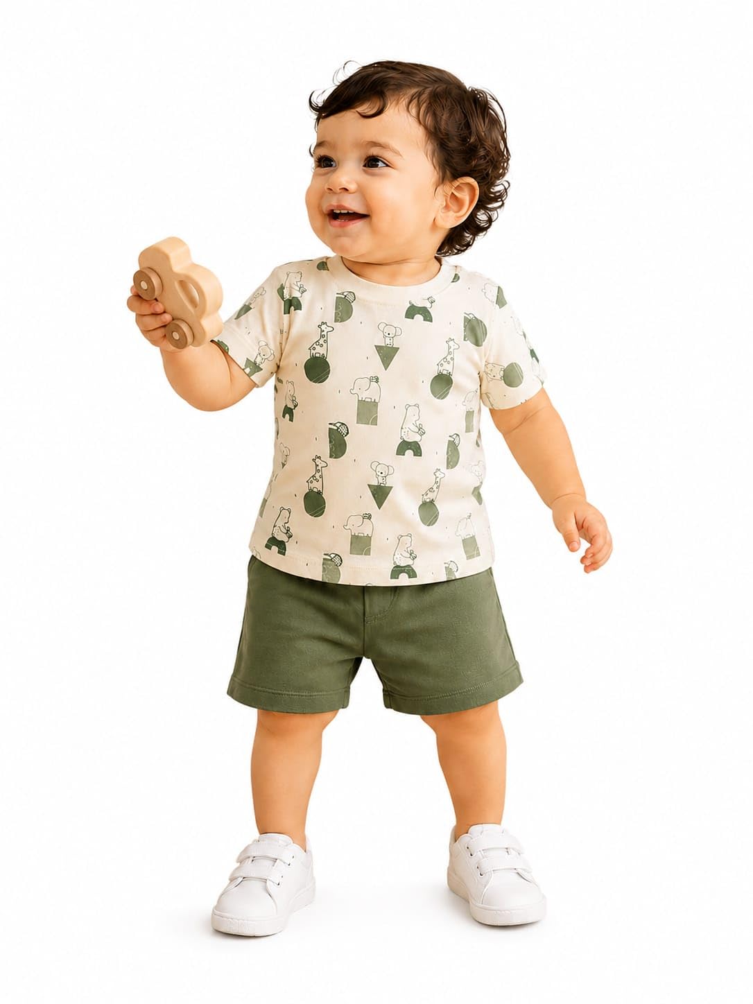 Baby Boy Half Sleeve T-Shirt and Shorts Co-ord Set, Off-White and Olive, Interlock Cotton, Animal Safari Print-picture-50