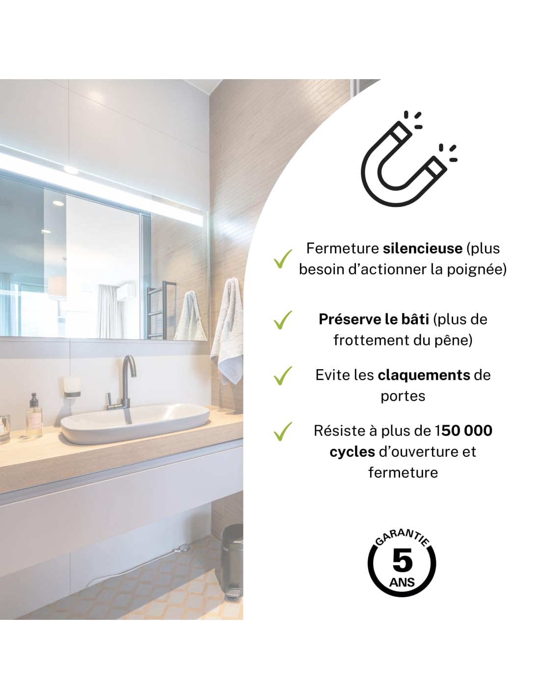 THIRARD - Serrure Encastrable Magnétique à Condamnation - Salle de Bain et Toilette - Axe 40 mm - Système Magnétique à Pêne Rétractable - Gâche Plate Acier - Ø Carré 7 mm - Fer Satiné - Gris