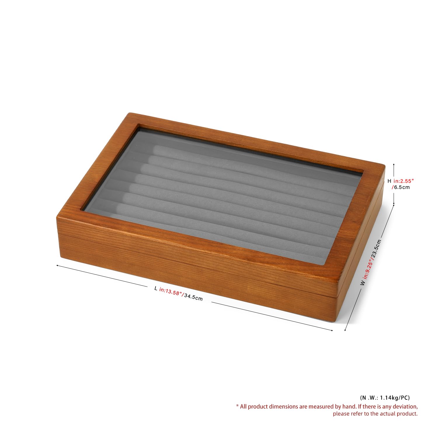 Oirlv Caja de almacenamiento con tapa de cristal de madera maciza con 9 ranuras para anillos y pendientes
