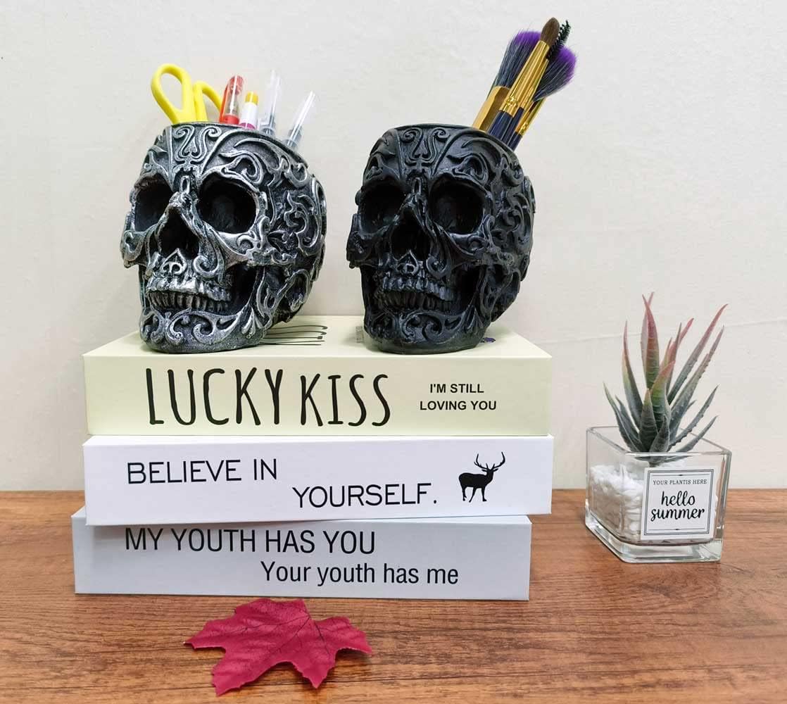 CUZOKOLA Goth Accessories Black Skull Decor for Pen Holder with Strong Resin,Skull Makeup Brush Holder for Vanity Decor,Office Organizer,Skull Planter