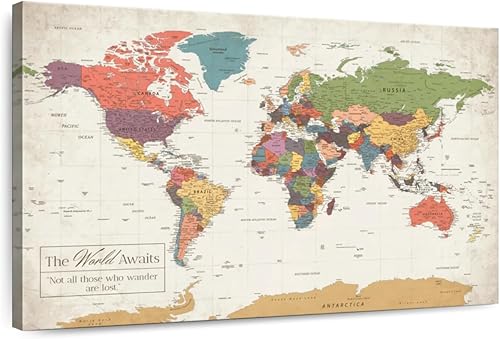Elephant Stock - Arte de pared del mapa del mundo del mundo que espera el mundo - Arte de pared horizontal en lienzo - Decoración de pared de sala