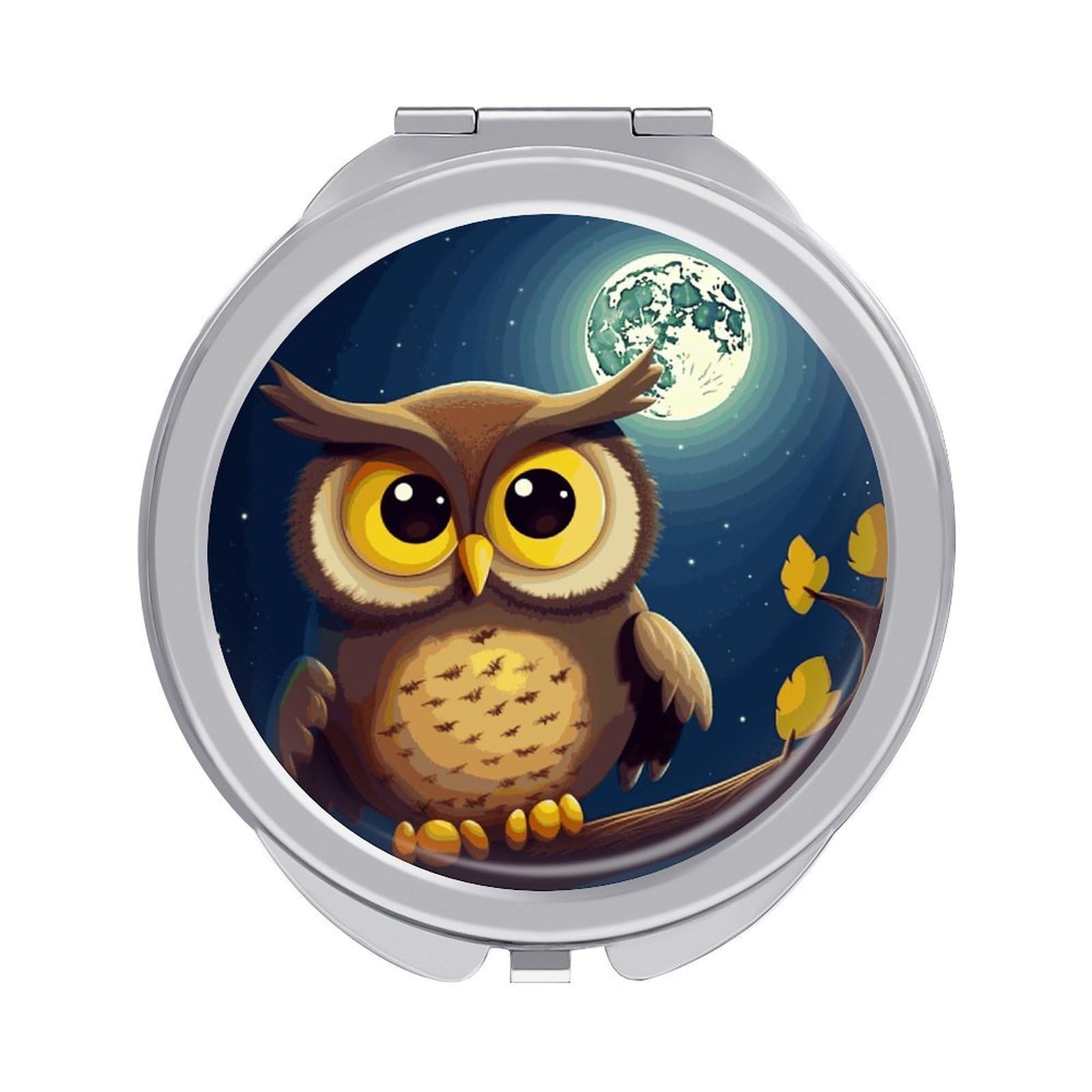 FekiLoot Owl and Yellow Moon Travel Makeup Mirror 2 X /1 X Magnifying Slim Pocket Mirrors Compact for Purse Travel Makeup Mirrors for Pocket, Handbag, Purse Women Gift