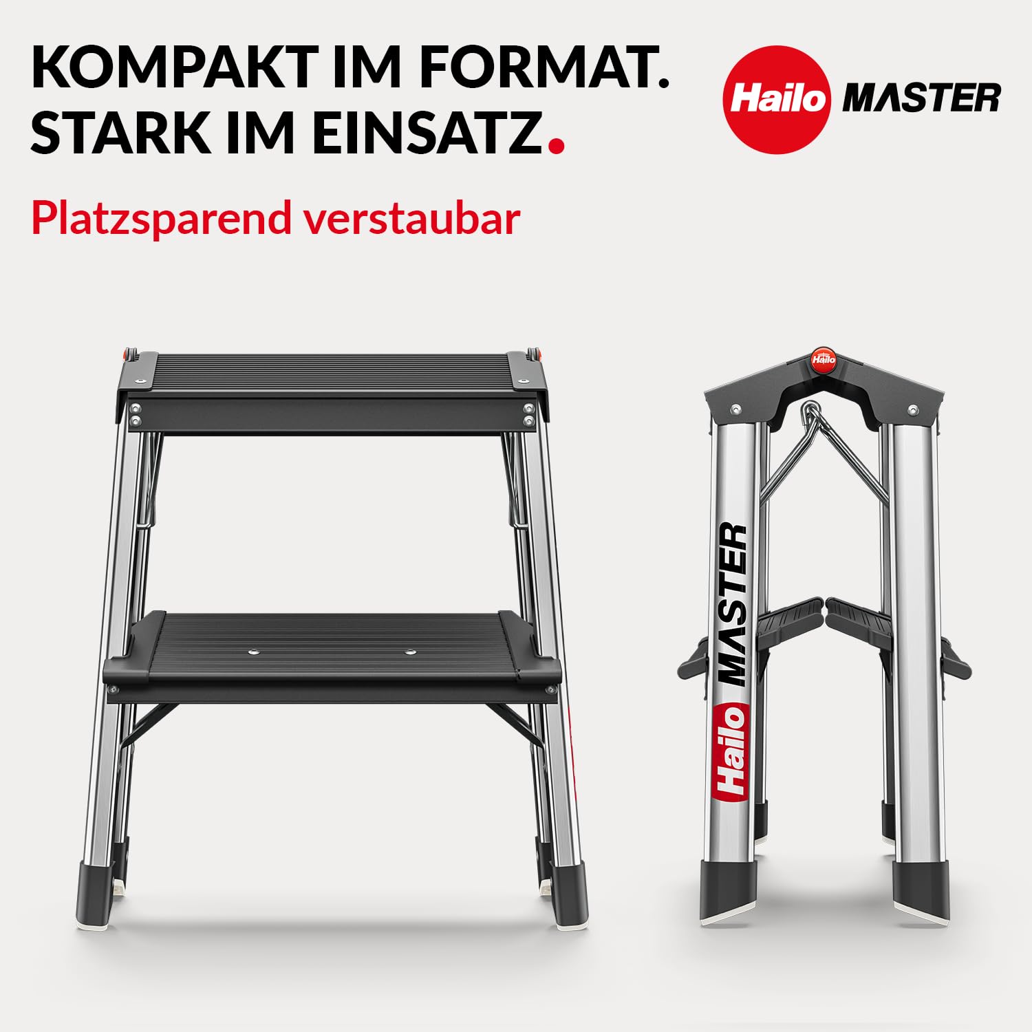 Hailo Master D70 Alu-Trittleiter 2x2 Stufen, EN 14183, bis 150 kg, Silber | Beidseitig begehbare Klappleiter, rutschhemmende Stufen, gummierte Füße, kompakt