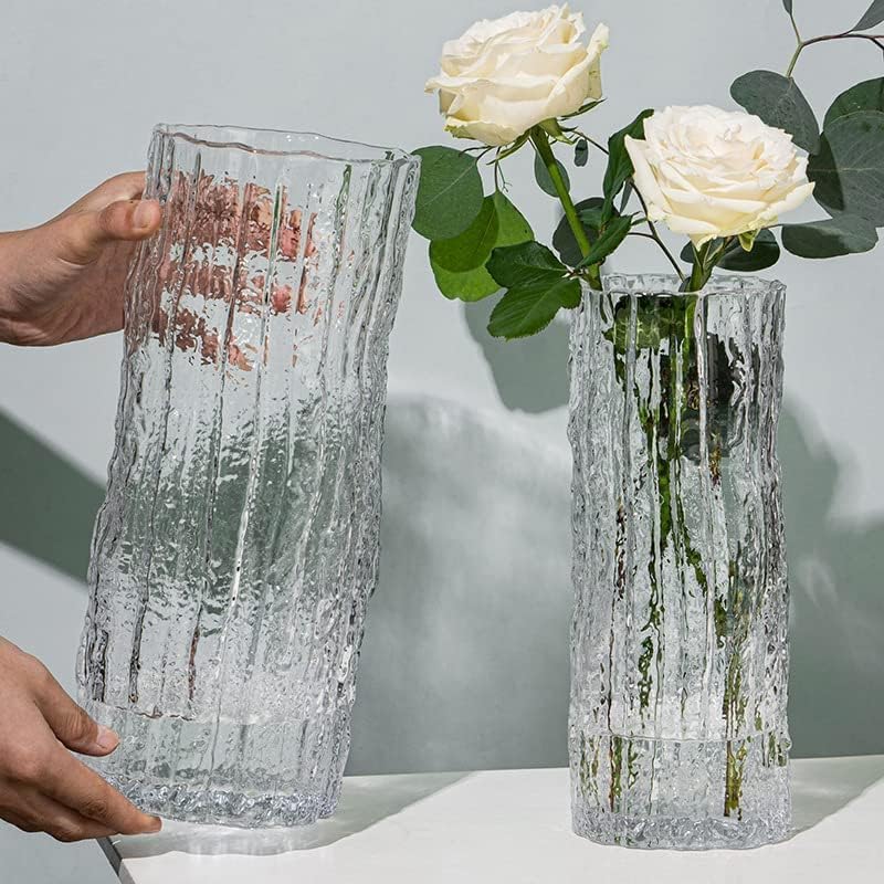 Modern Cylinder Glass Vase - Large Decorative Handmade Glacier Clear Vase with Solid Ice Base for Home, Office, Wedding Decor, Gift, Christmas (30 x 10 cm)