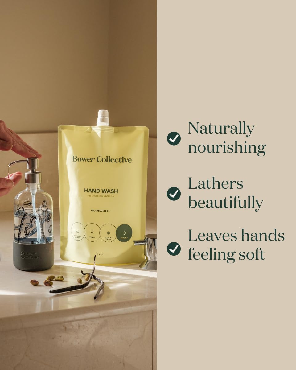 Bower Collective Ricarica di sapone per le mani da 5 litri, antibatterico naturale, lavaggio a mano al pistacchio e vaniglia, sapone ecologico, senza derivati dalla noci, oltre 1500 lavaggi