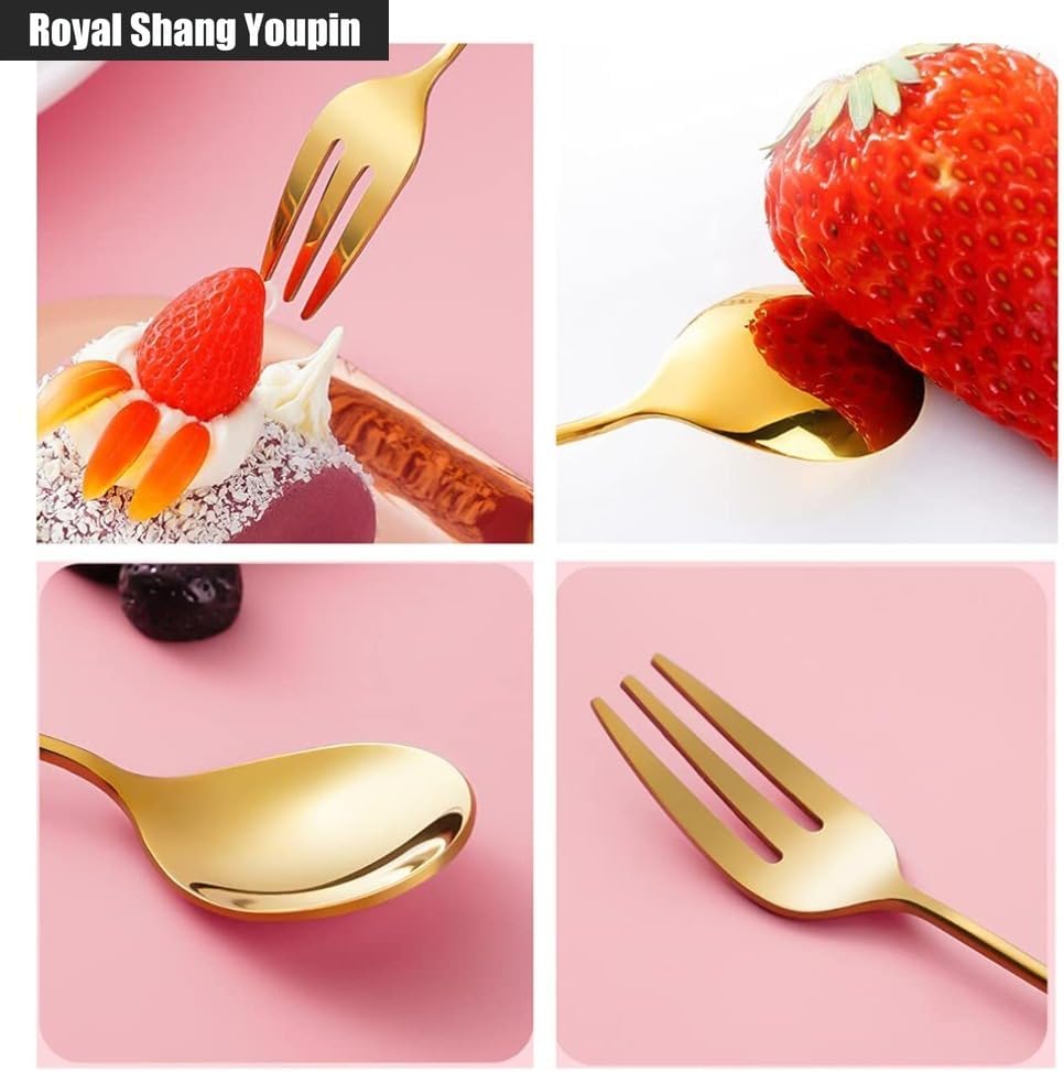 5.5in Mini Cute Cartoon Stainless Steel Coffee Dessert Spoon Children's Spoon Fruit Fork Dessert Cake Fork Teaspoon (Mashup 24 piece set,Gold)