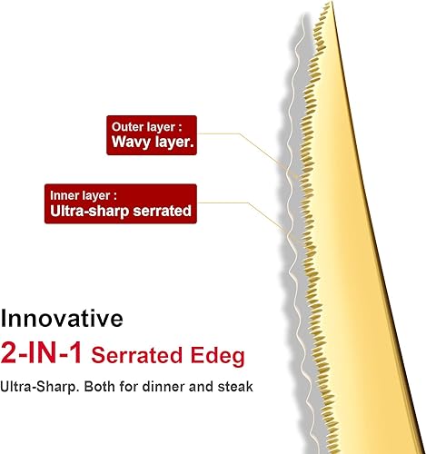 Miniatura 3 de Cuchillos dorados para carne, juego de cubiertos de acero inoxidable ultraafilados, 6 piezas de acero inoxidable serrado, juego de cocina apto para