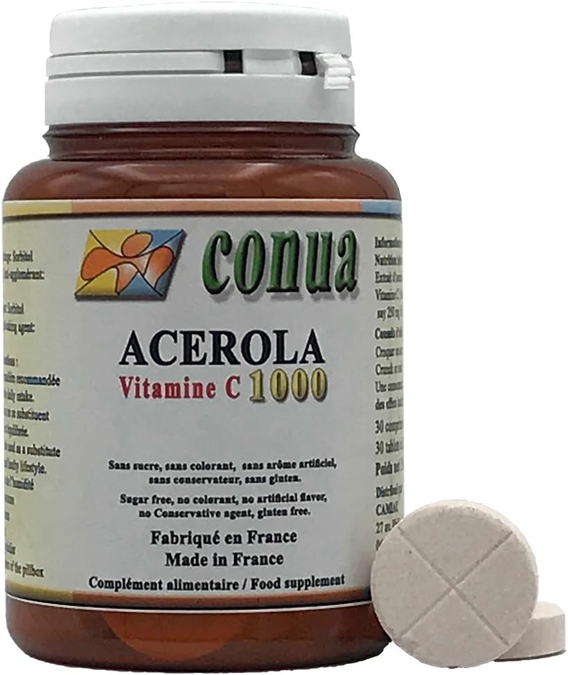 Vitamin C 1000mg acerola breakable in 2 or 4 containing 250 mg 25% Vitamin C 30 Chewable Tablets Sugar-Free, No Coloring, No Artificial Flavor, No preservatives, No Gluten.