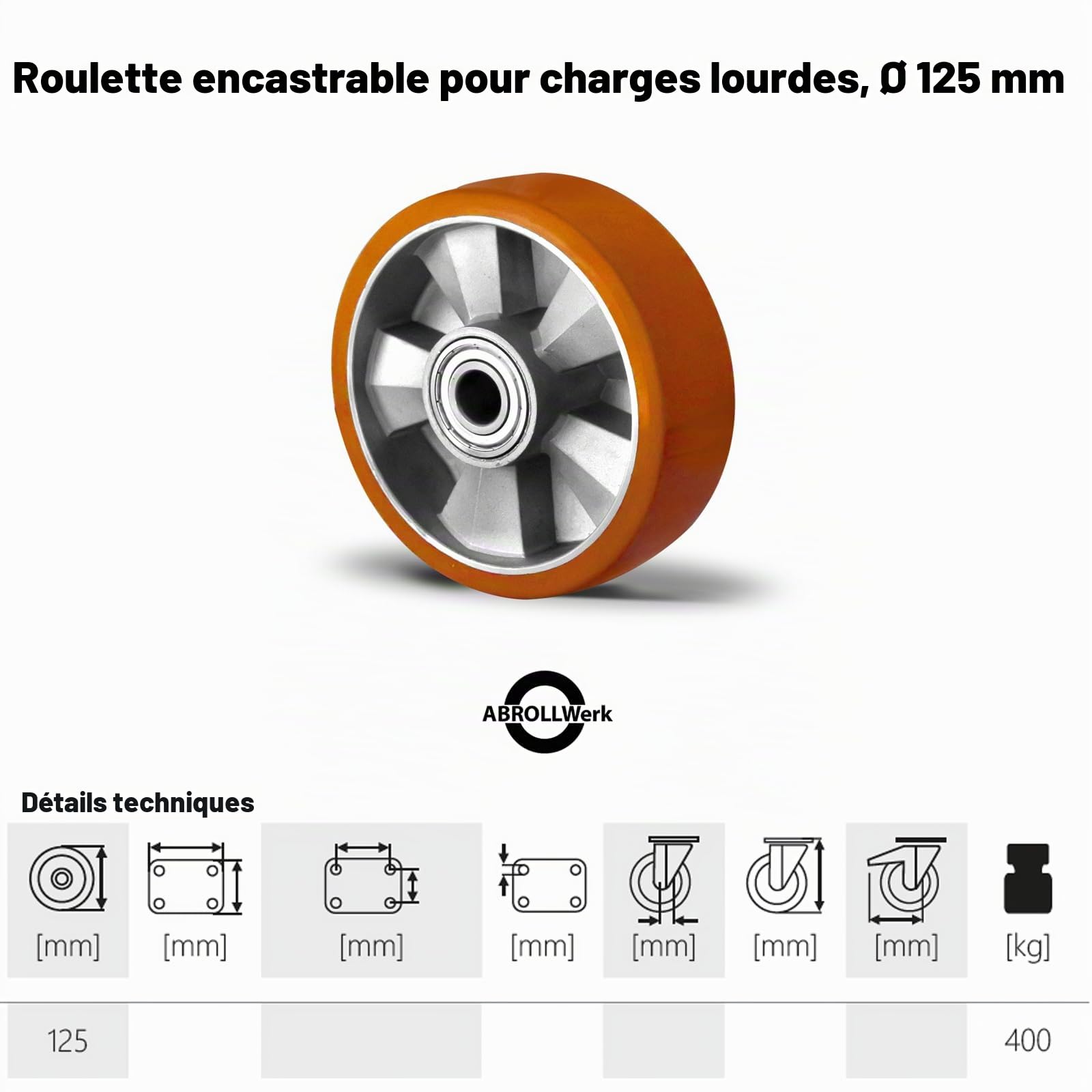 Lot de 2 roues encastrables pour charges lourdes Ø 125 mm avec jante en aluminium et surface de roulement en polyuréthane – Charge maximale 400 kg par roue – Double roulement à billes – Qualité