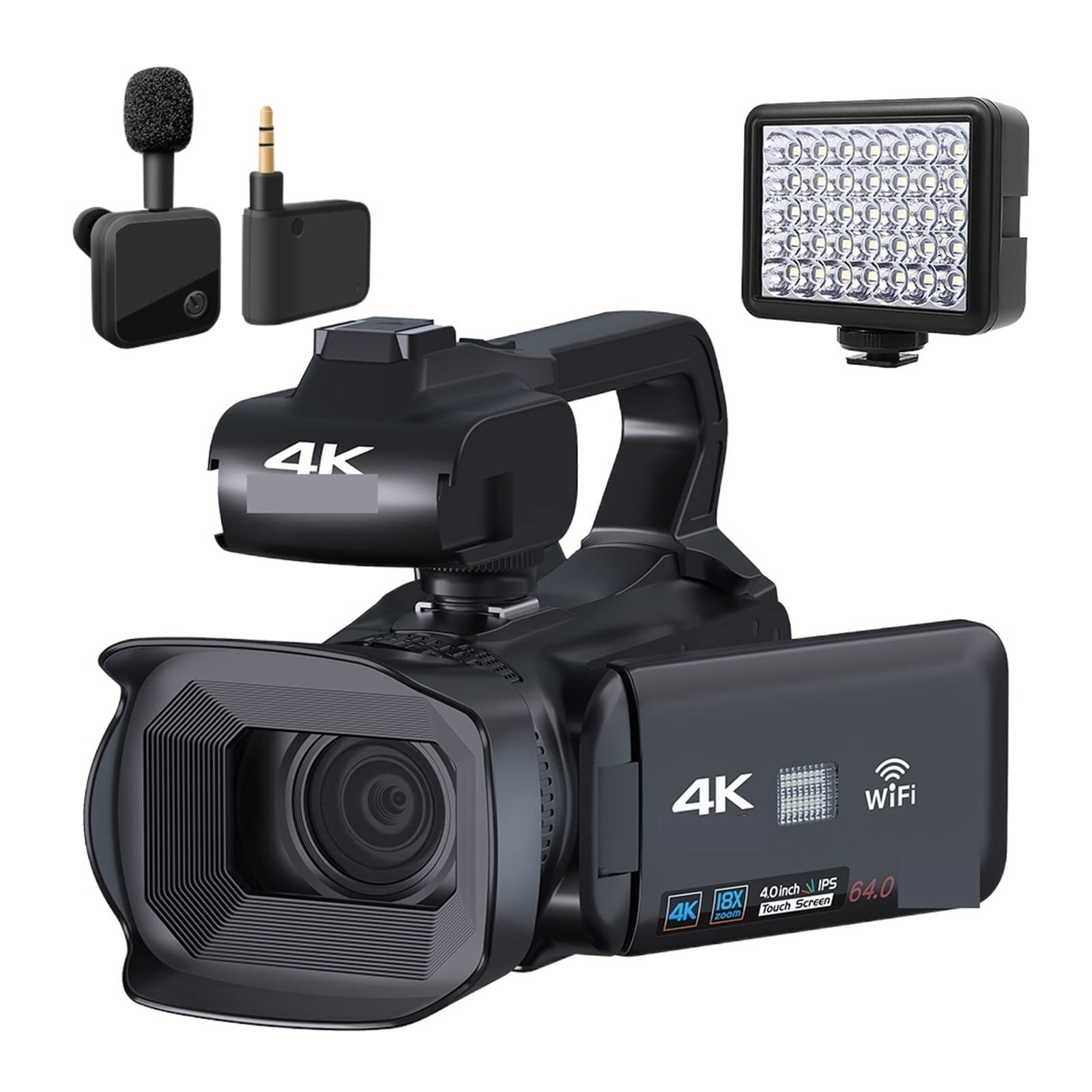 64MP Vlog Videocámara 4K HD Fotografía Cámara de Video Transmisión en Vivo 18X Zoom AF Grabadora Digital Girar Pantalla táctil(NO SD Card,with Wireless Mic)