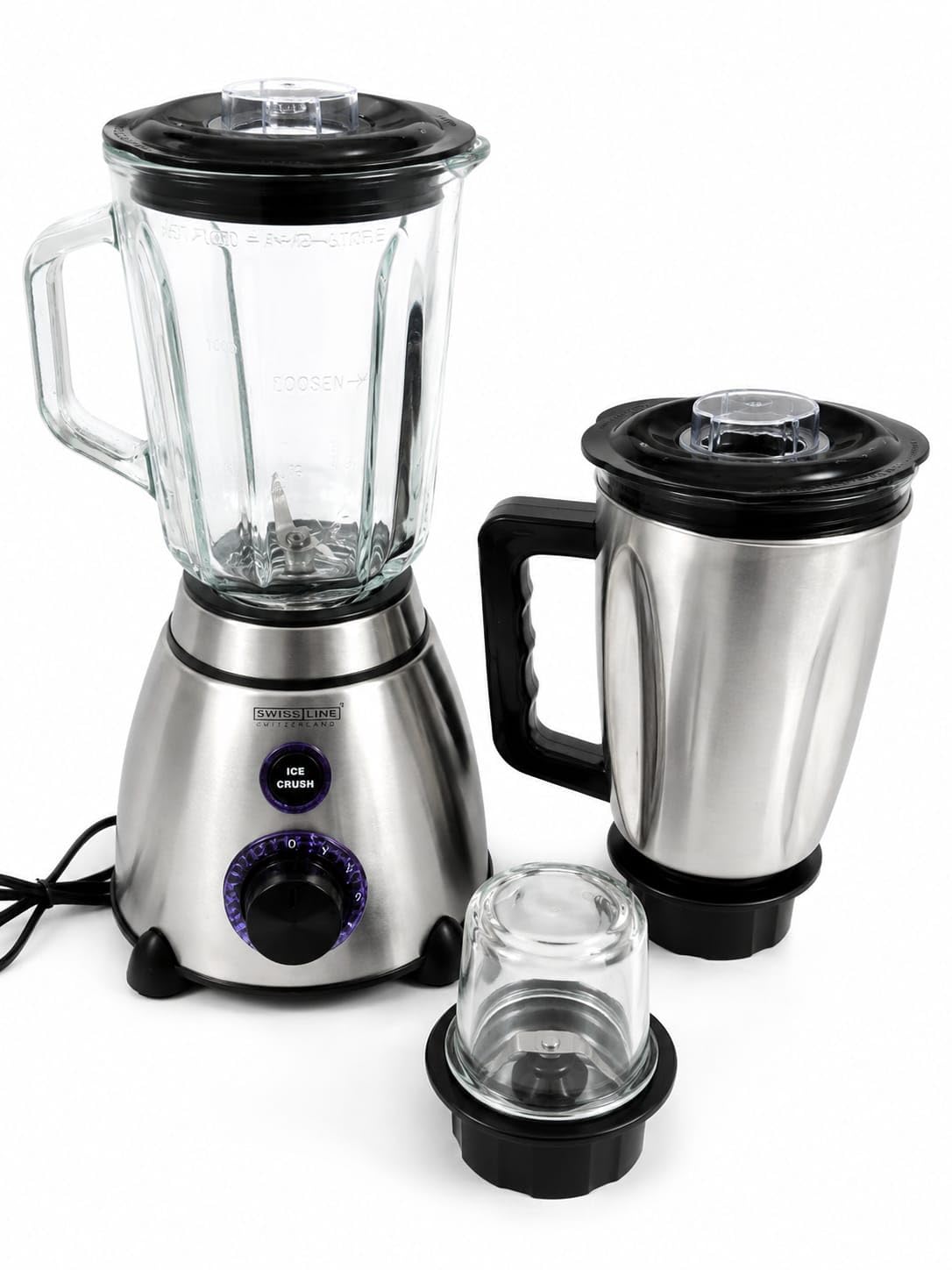 Swiss Line Licuadora Multifuncional 3 en 1, Acero Inoxidable, Jarra de Vidrio 1.5L, Vaso Mezclador, Molinillo, Función Ice Crush, 800W
