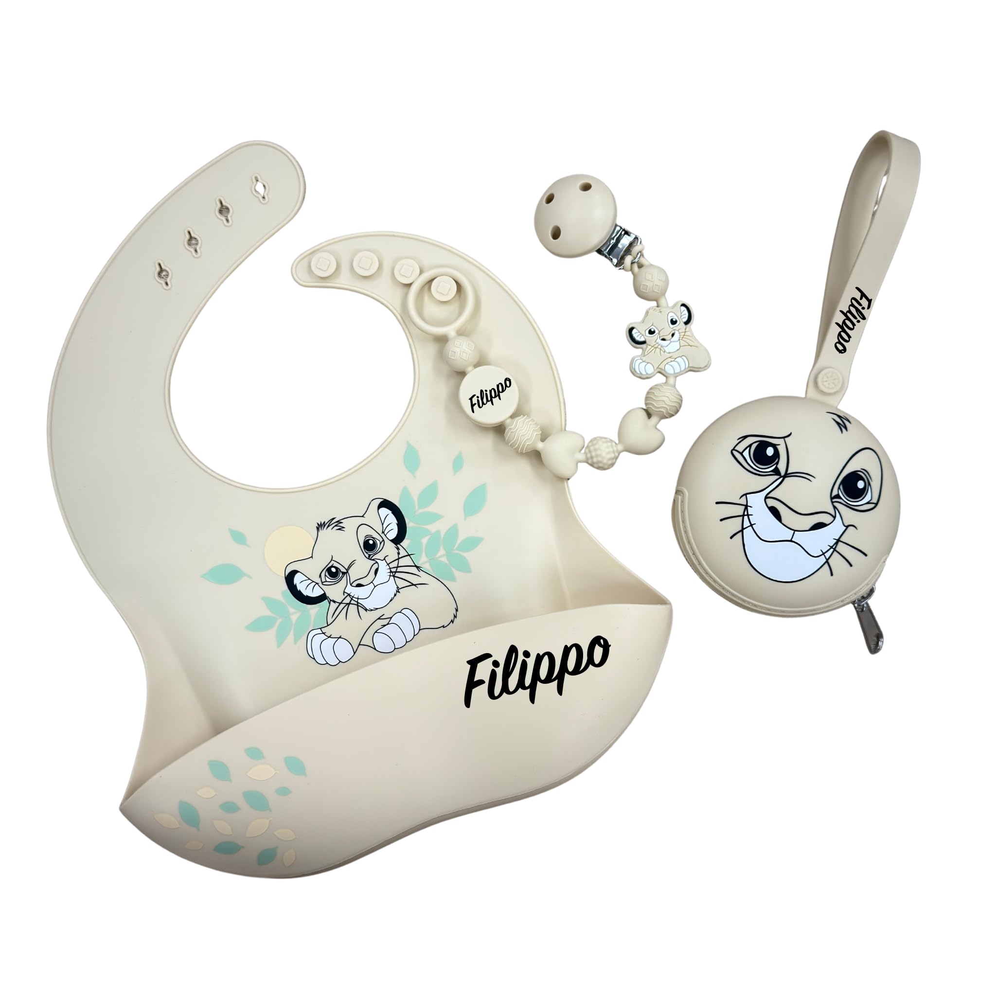 Cadena para chupete de silicona personalizada con nombre – Modelo Bubble Charm – Clip seguro – Idea regalo nacimiento – León