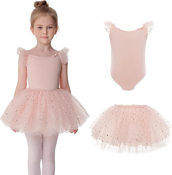 TUTULAND Ballet Leotards for Girls - Toddler Dance Leotard Flutter Sleeve Dance Dress with Removable Tutu Skirt Combo