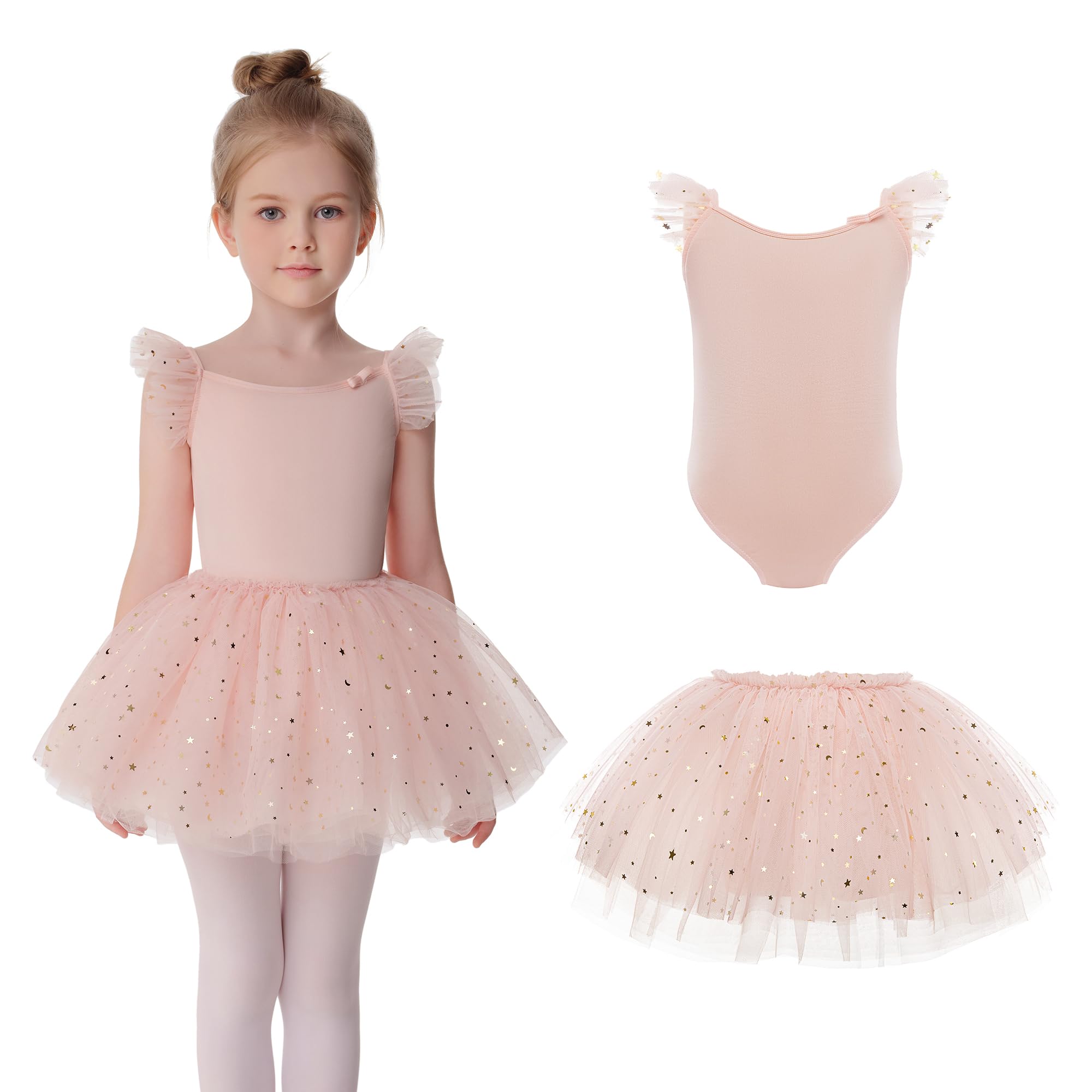 TUTULAND Ballet Leotards for Girls - Toddler Dance Leotard Flutter Sleeve Dance Dress with Removable Tutu Skirt Combo