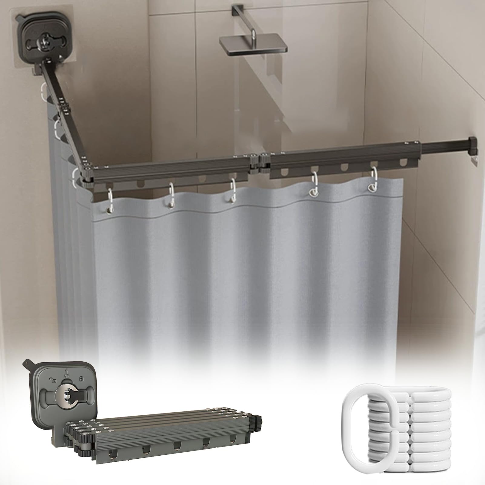 AWERQ Bastone Tenda Doccia A U Angolare A Pressione Estensibile Regolabile Asta Per Tenda Da Doccia Curva, Per Tenda Da Doccia Con Ventosa Bastoni Doccia Senza Foratura, Per Angoli 100 × 80 - 4