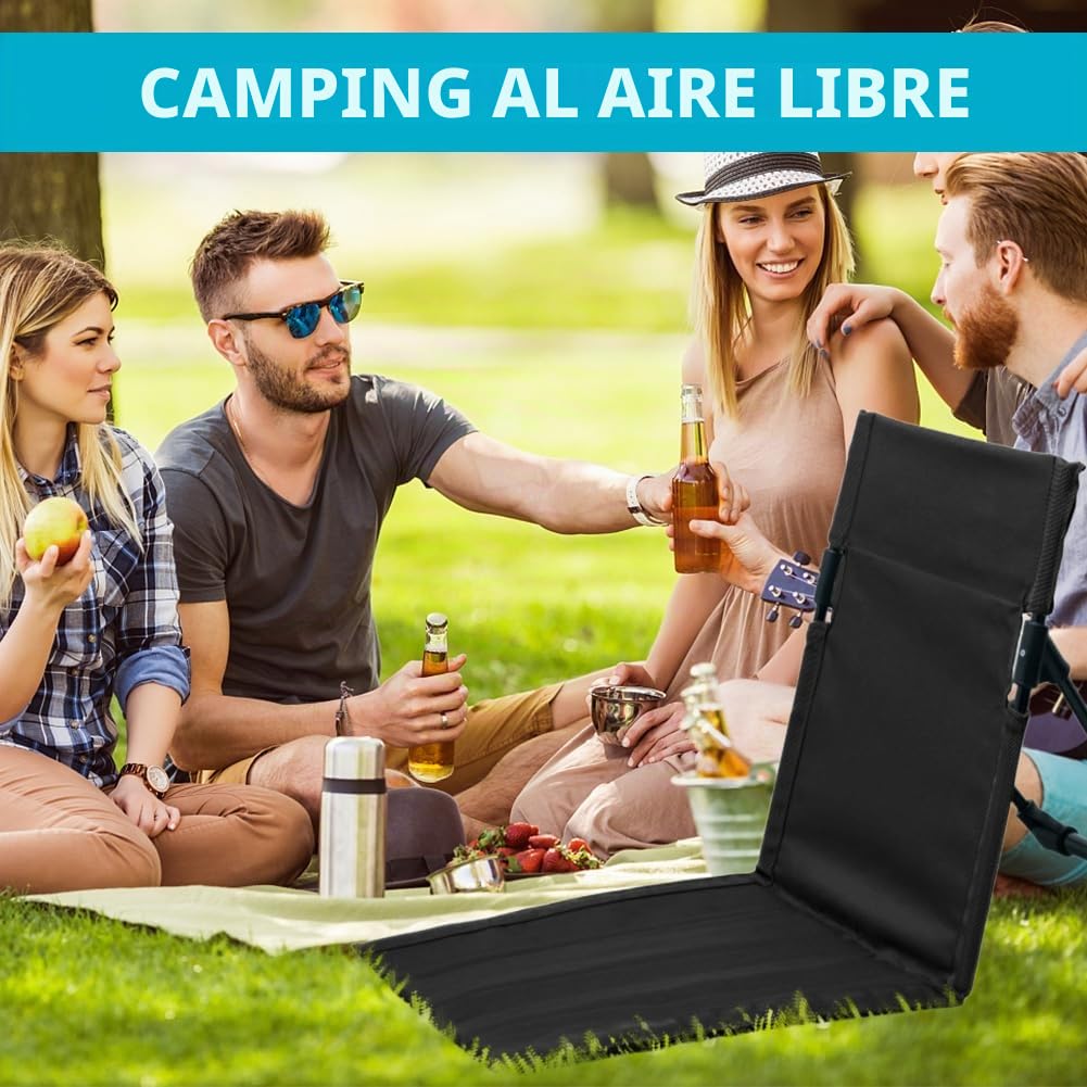 Esterilla Playa con Respaldo, Colchonetas de Playa Plegables y ligeras, silla de suelo para exteriores, con soporte para la espalda, portátil, pícnic, camping, conciertos al aire libre (negro)