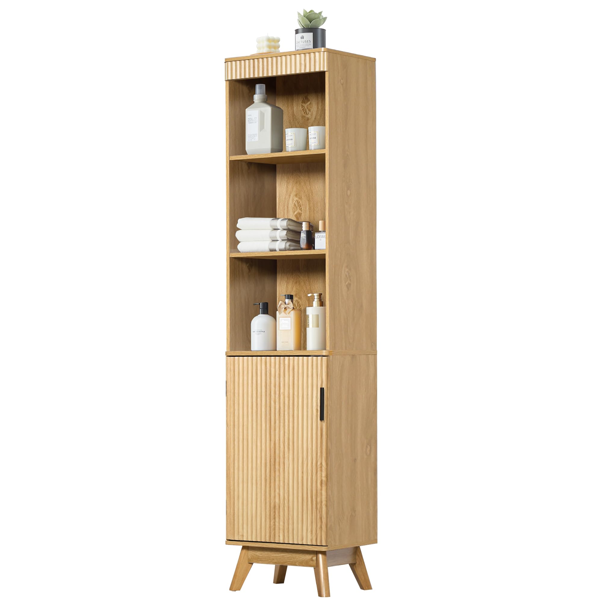 68" tall bathroom storage cabinet,narrow fluted tower cabinet with door and shelves,slim space saving storage unit for bathroom kitchen living room (natural, 11.8" d x 15.75" w x 68" h)