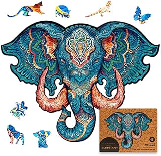 UNIDRAGON Original Wooden Jigsaw Puzzle - Eternal Elephant, 299 pcs, King Size 16"x12.3", Unique Animal Shaped Puzzle Box, Birthday Gift Idea for Kids, Adults, Girls, Boys, Family Game and Hobby