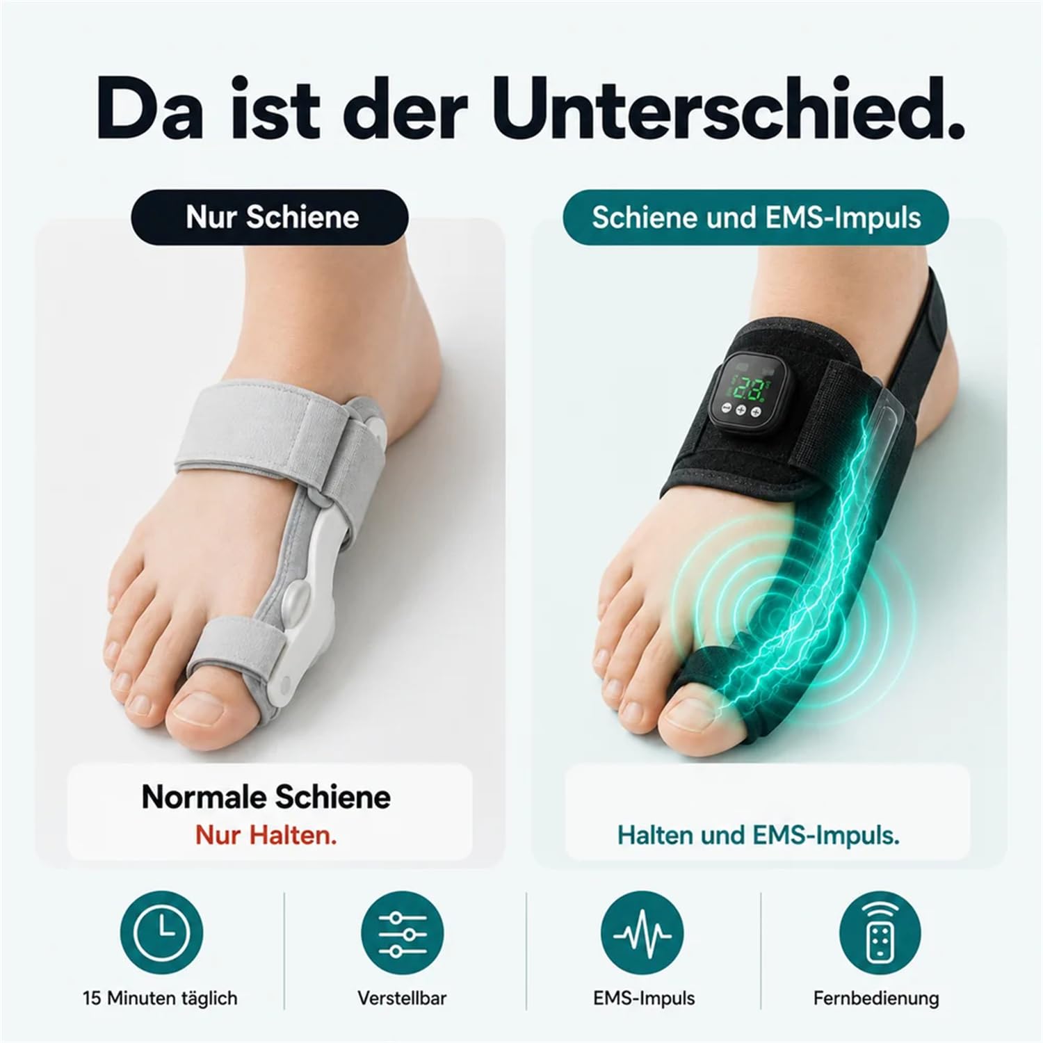 Hallux-Trainer Verstellbare Zehenschiene mit EMS-Mikrostimulation – unterstützt Fußkomfort bei Valgus, Ballenzehen und Hammerzehen