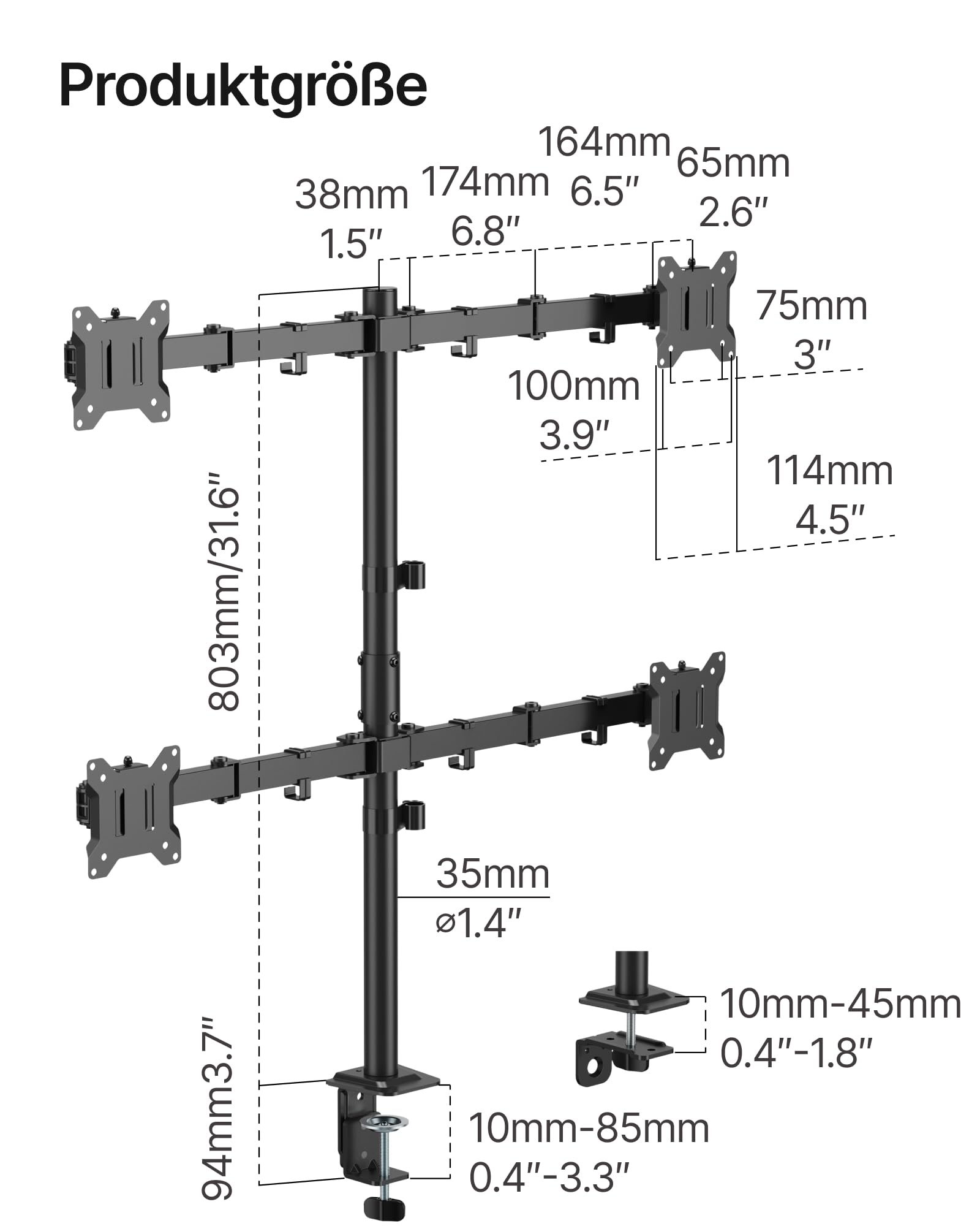 monTEK Supporto per monitor con 4 monitor fino a 17-32 pollici e portata 10 kg per braccio, supporto da tavolo completamente regolabile, braccio stabile per monitor con morsetto da tavolo e passacavo