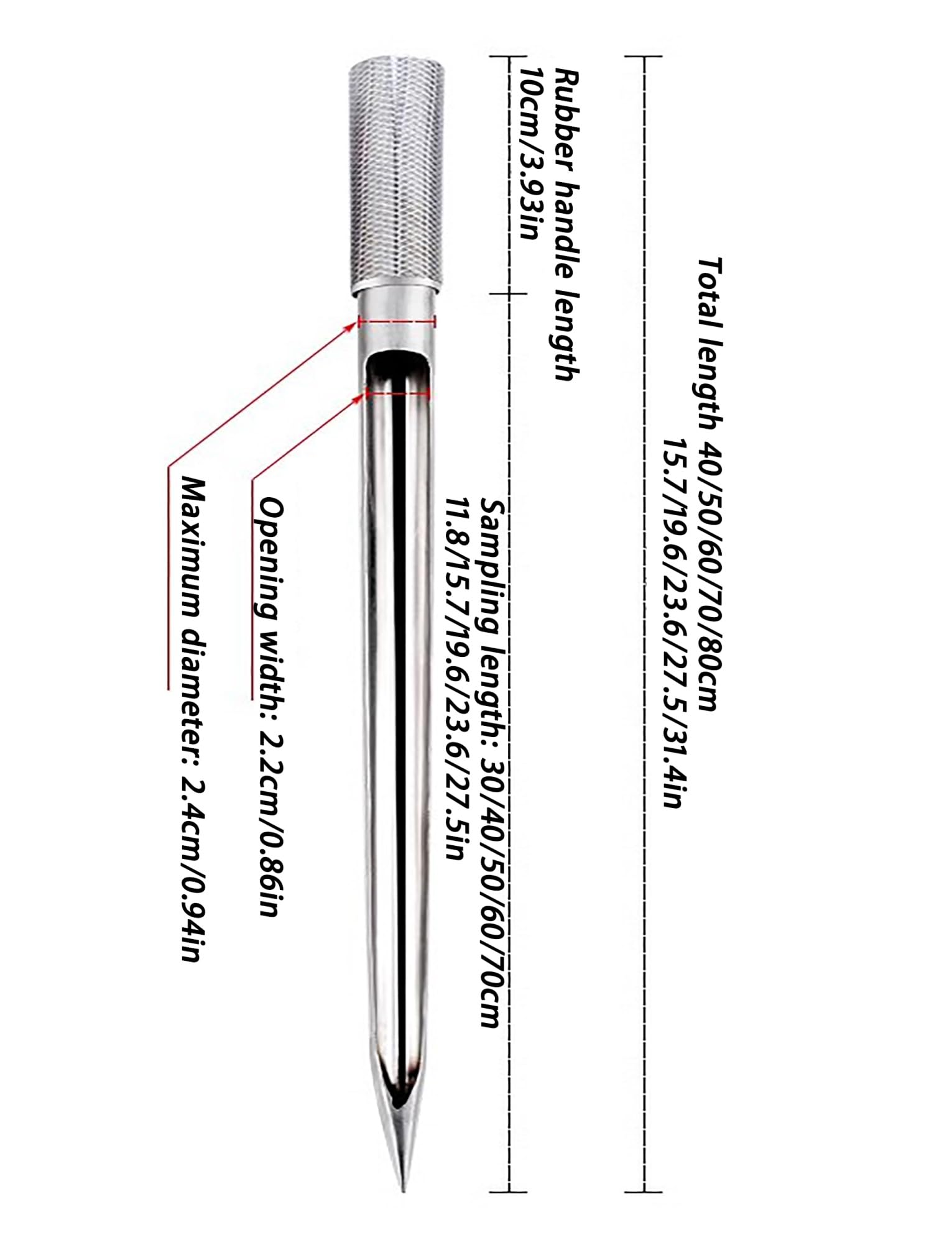 Pręt do próbnika gleby, sonda do próbnika ziarna ze stali nierdzewnej do nawozów, roślin i proszków z uchwytem 40-80 cm (22 mm, 70 cm/27,5 cala)
