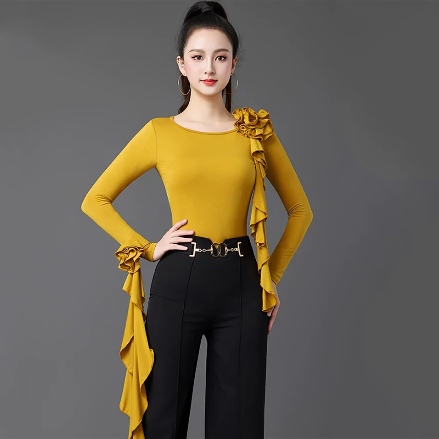 Body De Manga Larga para Baile De Salón Adulto Top De Cuello Redondo para Vals Y Tango Ropa De Baile Estándar Internacional para Mujer Suave Y Liso