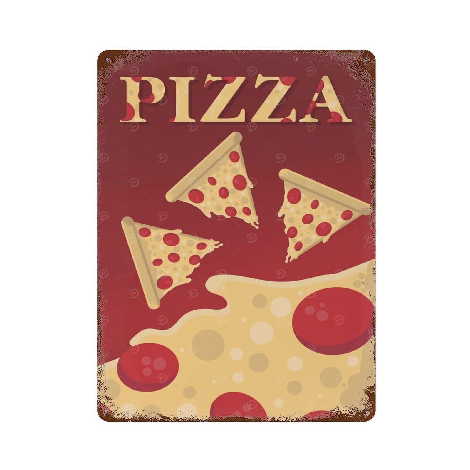 Garage Style Pizza Slices on Red Background Rust Effect Tin Sign 15.7"x11.8", Industrial Home Decor for Bar And Workshop