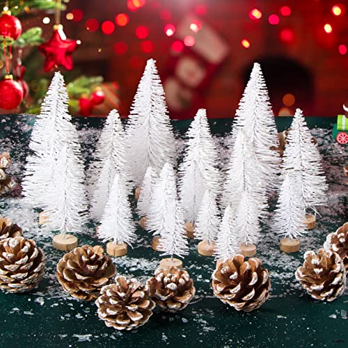 18 Stück 4 Größen Künstlicher Weihnachtsbäume Miniatur Christbaum Weiß Tannenbaum Deko mit 18 Pcs Tannenzapfen Weihnachtsdeko für Tisch Ornamente Winter Schaufenster Deko Weihnachten usw.