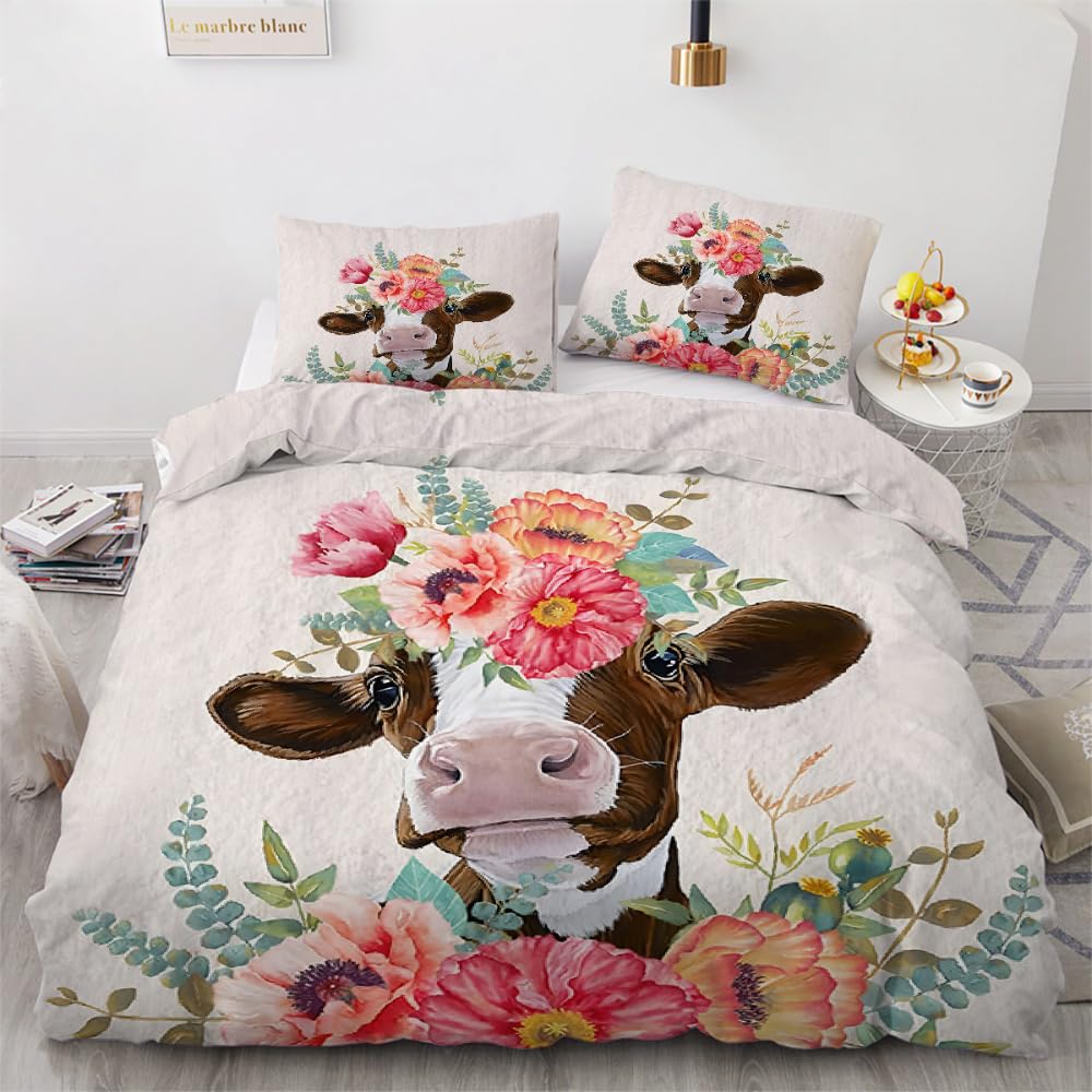 MARBRE 3D Cow Super King Duvet Cover Set 220x260cm 3 piece Soft Microfiber Reversible Bedding Set Cute Animal Comforter Cover with Zipper Closure Quilt Cover with 2 Pillowcase 50x75cm（Image 17-13）