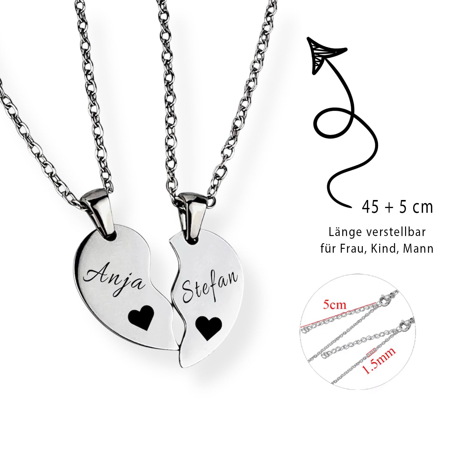 Herz Halskette für Paare mit Gravur | personalisiert mit Name, Datum, Spruch | Damen, Herren, Freundin, Verliebte | Kette verstellbar 45 cm, wasserfest mit Rückseite