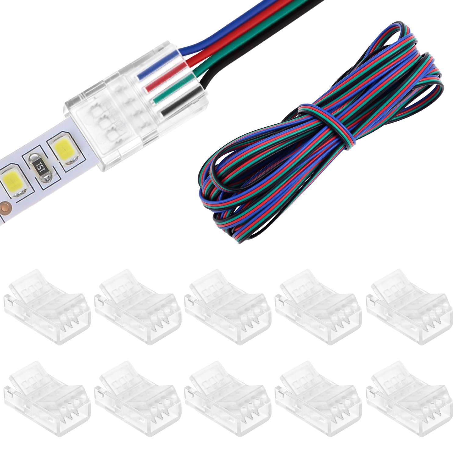 QWORK® 10PCS RGB LED Light Connector 8mm with 5m 4 Pin Extension Cable (22 AWG), Gapless Connectors Kit for Quick 8mm LED Strip to Wire Connections