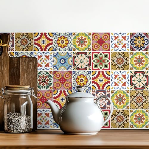 MEIHEA 30 Pack, 4x4 Inch Mediterranean Tile Stickers, Colorful Vintage
