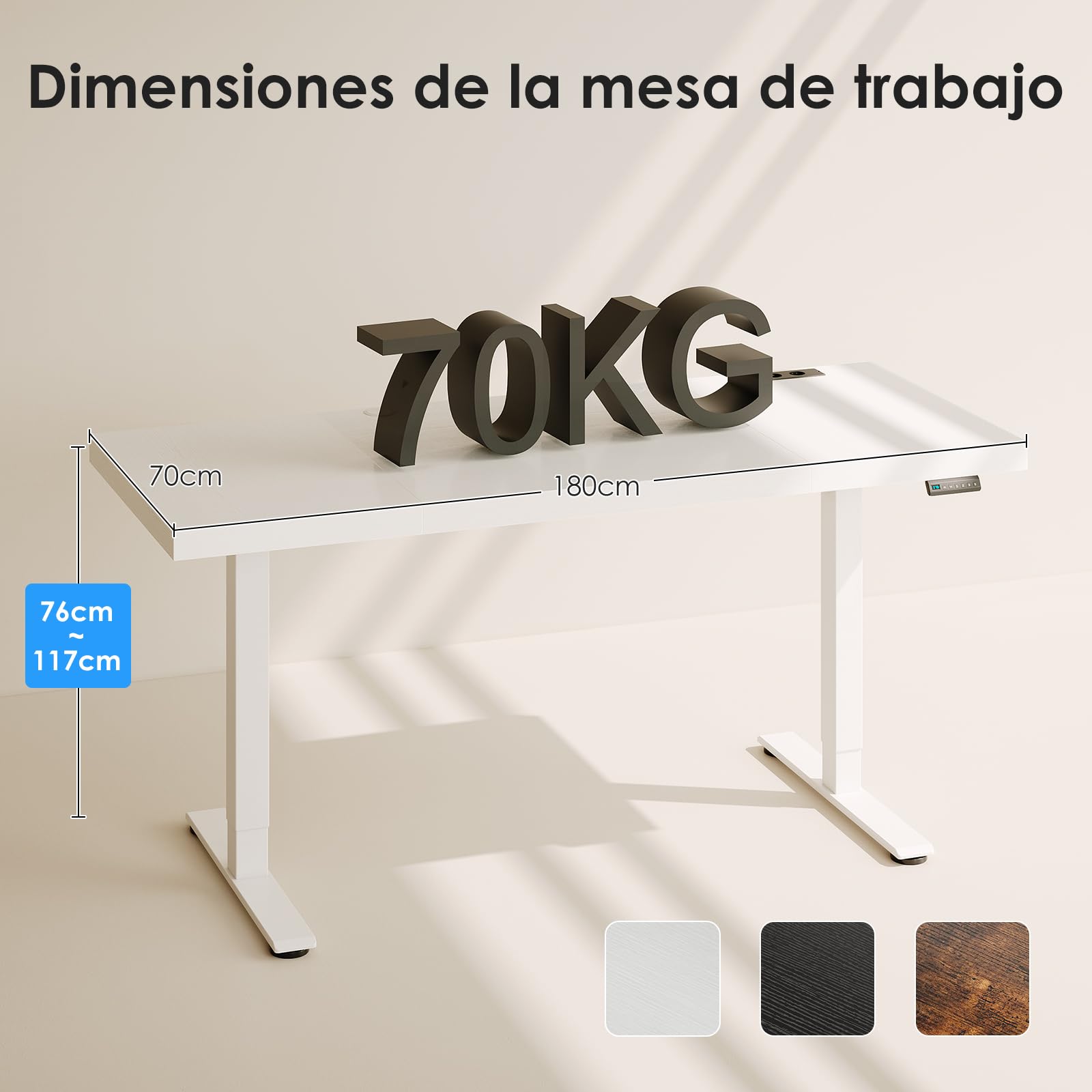 OffiGo Escritorio Regulable en Altura 180 x 70 cm, Tablero de 35 mm, Escritorio Eléctrico con Toma de Corriente, Standing Desk con Patas en T Estables, Ergonomía Oficina, Gaming, Blanco