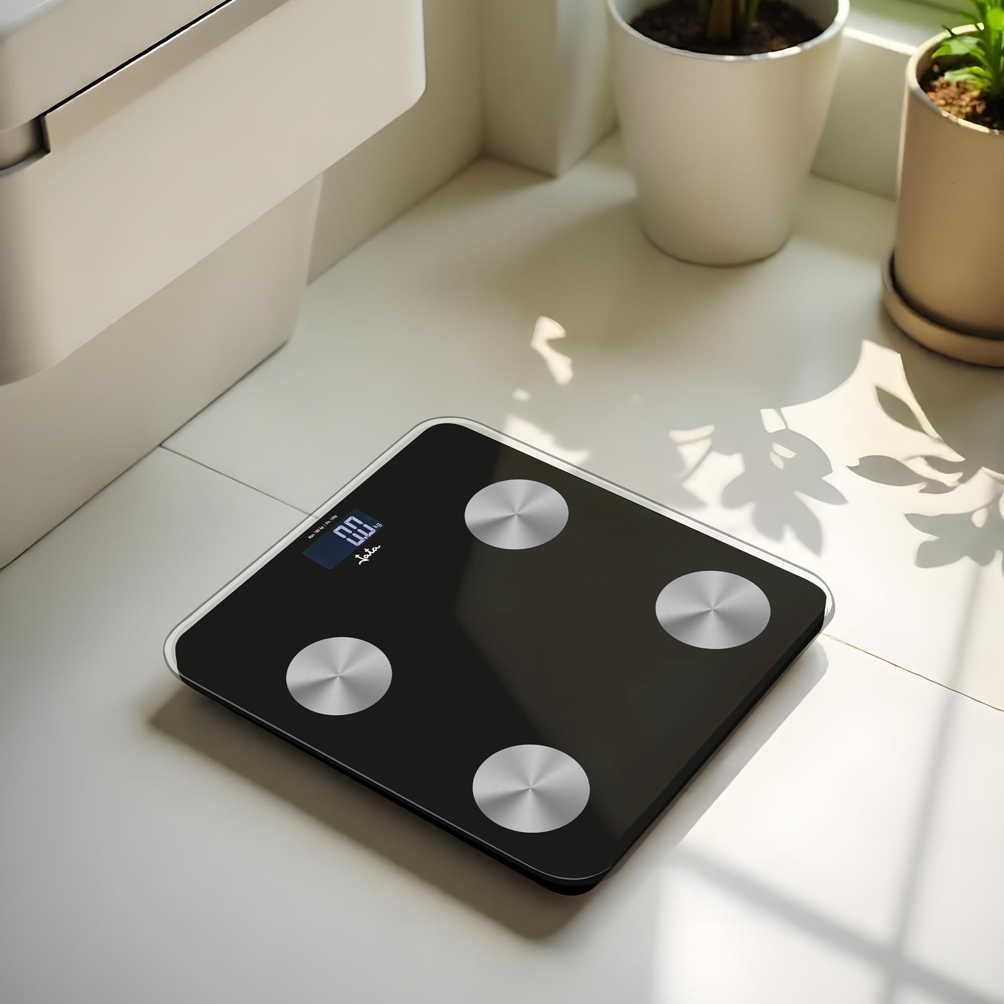 JATA HOGAR HBAS1155 - Báscula Inteligente Digital Bluetooth con App OkOk, Análisis Corporal (Grasa, IMC, Agua, Masa Muscular), 180 kg, 15 Usuarios, Cristal Temperit