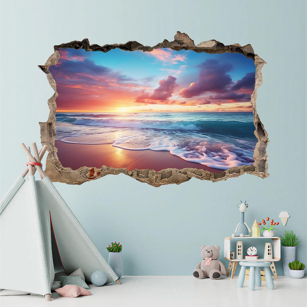 Wandtattoo 3D Durchbruch Sonnenuntergang Am Strand Wandsticker Wanddekoration selbstklebend Landschaft Wandaufkleber Deko Schlafzimmer Wohnzimmer Kinderzimmer Kunst Wohnkultur Wandbilder