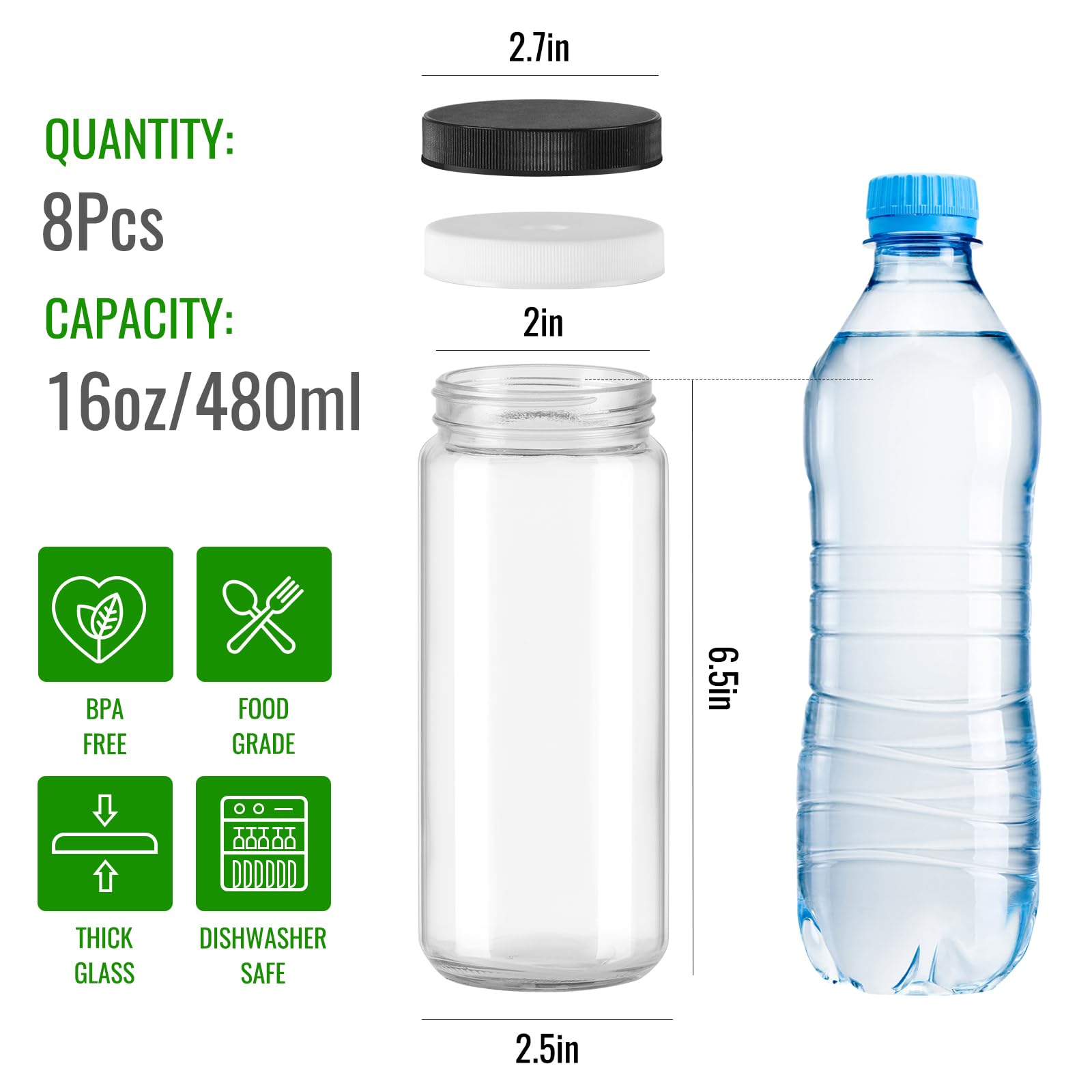 BIGIVACA 16 oz Glass Juice Bottles with Lids, 8 Pack Reusable Juicing Glass Bottle, Juice Bottles for Juicing, Kombucha, Smoothie, Coffee, Tea, Milk