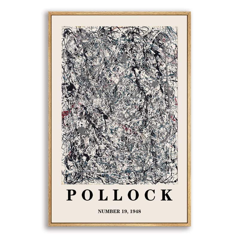 NARIA ART Framed Canvas Prints Wall Art,Number 19 1948 By Jackson Pollock,Black and Silver Spray-painted Shapes for illustration Art Decoration for Livingroom,Bedroom,Office -12''x16''Natural Framed