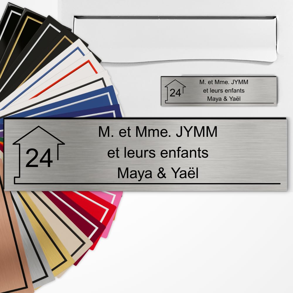 Targhetta in PVC con scatola per lettere personalizzata, 10 x 2,5 cm, autoadesiva, incisione laser, 22 colori, con o senza motivo (acciaio spazzolato testo nero)
